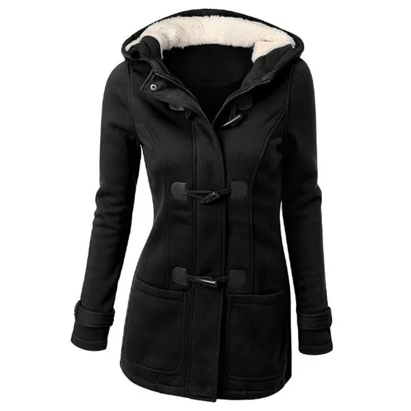 Oversize Women Cotton Horn Button Slim Casual Coat Winter 2021 New Parkas Long Sleeve Warm Jacket Grey Solid Hood Pocket Coat