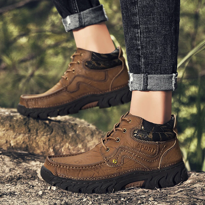 

Men Boots Winter Plush Warm Snow Winter Shoes Male Fur Outdoor Sport Winter Fashion Rubber Leather Ankle Footwear High Quality