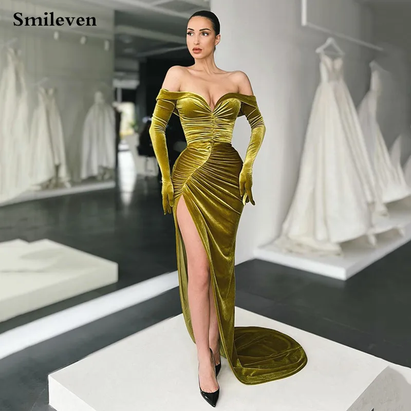 

Smileven Velvet Green Pleats Mermaid Evening Dress Sweetheart Long Sleeve Party Dresses Robe Off Shoulder Side Split Prom Gowns