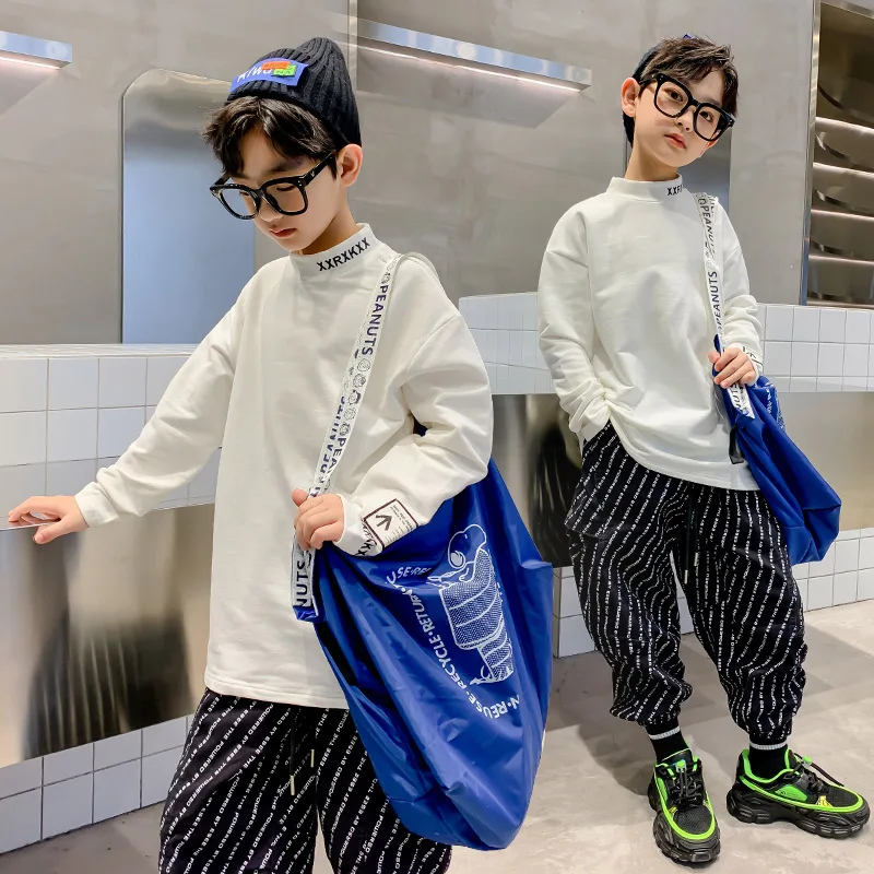 

2021 Children White T-shirts Cotton Long Sleeve Warm Bottoming Shirts Fashion Half High Collar Add Wool Tops for Teenage Boys