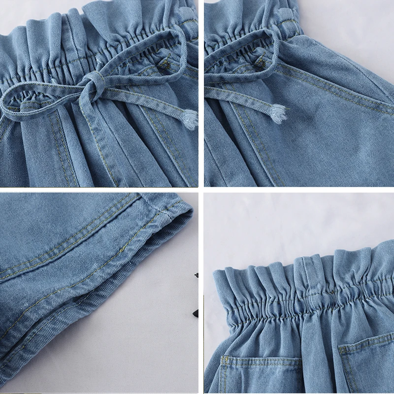 

2021 Summer High Waist Denim Shorts Women Casual Loose Ladies Lace-up Elastic Waist Pocket Blue White Black Jeans Female Beach