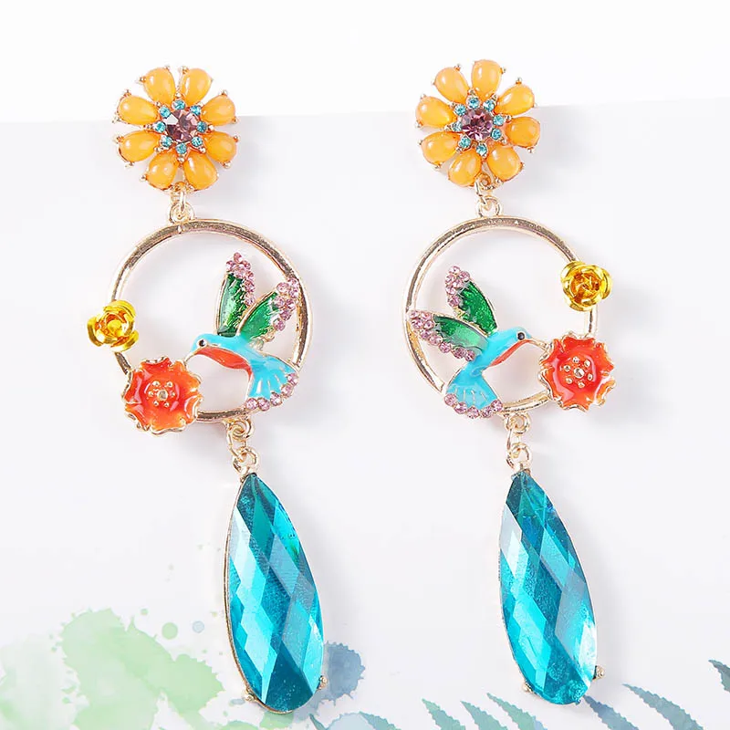 Женские винтажные многоцветные эмалированные Серьги птицы Длинные стразы