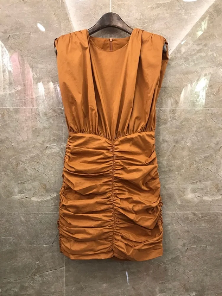 

2021 Bodycon Dress Summer Fashion Party Club Women O-Neck Pleated Patchwork Sleeveless Red Blue Khaki Yellow White Dress Mini