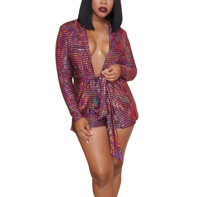 

Sexy Deep V Neck Sparkling Sequined Suit Women 2021 Sequins Long Sleeve Coat and Shorts Set Woman 2pc Set outfit Party Nightclub