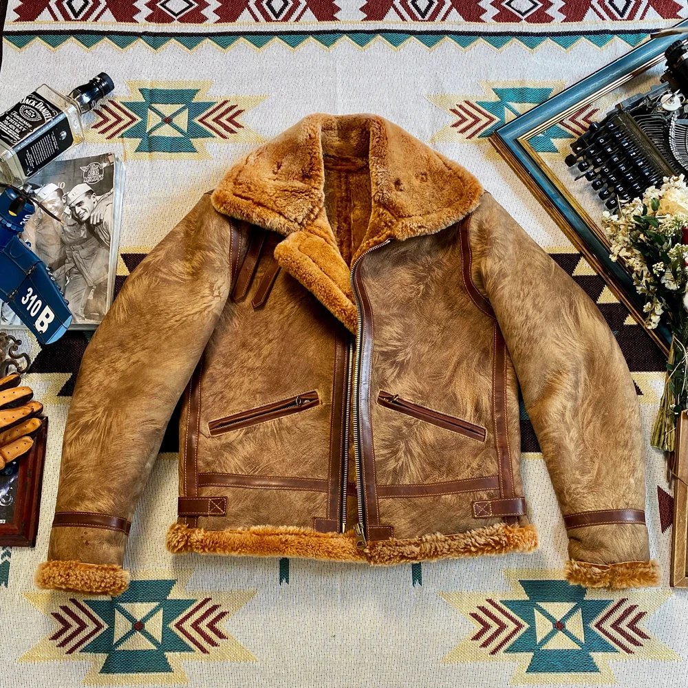 

CDF199 European US Size High Quality Super Warm Genuine Sheep Leather B3 Shearling Bomber Fur Jacket