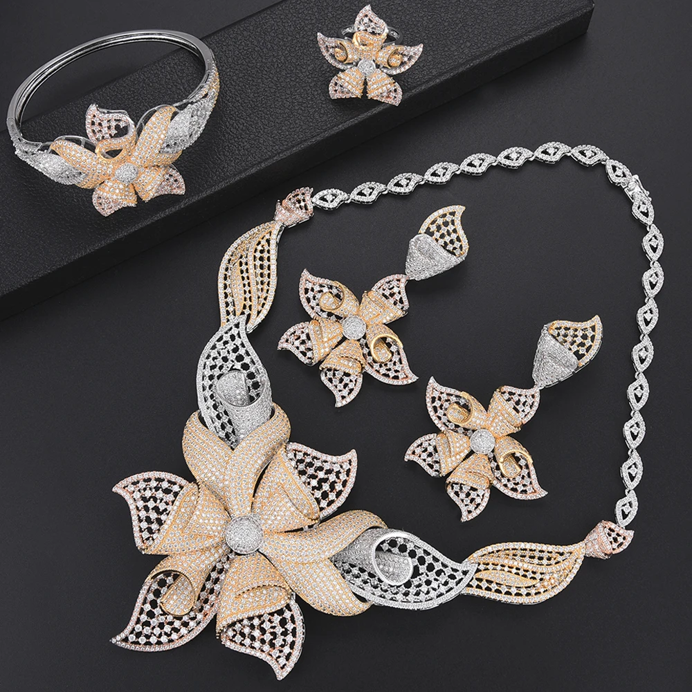 comprar LARRAURI Cinto Encantos De Flores Conjuntos De Jóias De Casamento Das Mulheres De Luxo Cúbicos De Zircônia Gargantilha Colar Brinco Jóias Dubai Viciado