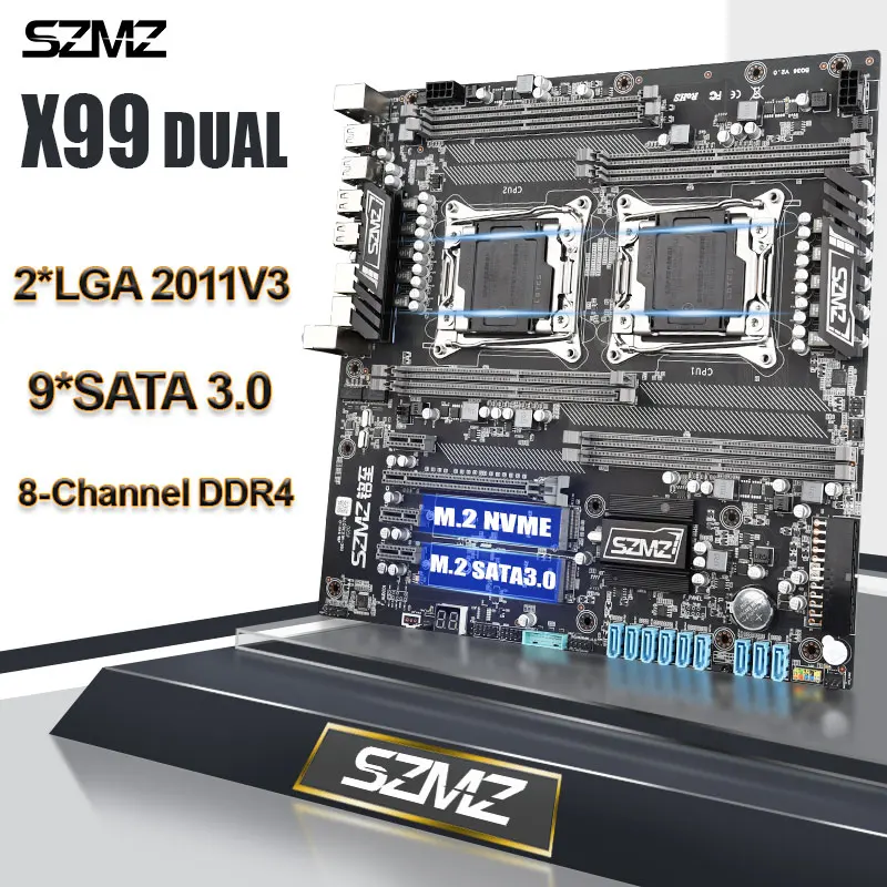 Kaufen SZMZ X99 Dual CPU Motherboard LGA 2011 V3 Unterstützung Xeon E5 V3 V4 Serie Mit 8 DDR4 + 9 SATA 3 Für Disk Miner Bergbau Gaming Kit