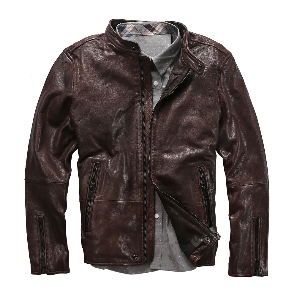 Мужская приталенная куртка из натуральной кожи B2 мотоциклетная с воротником