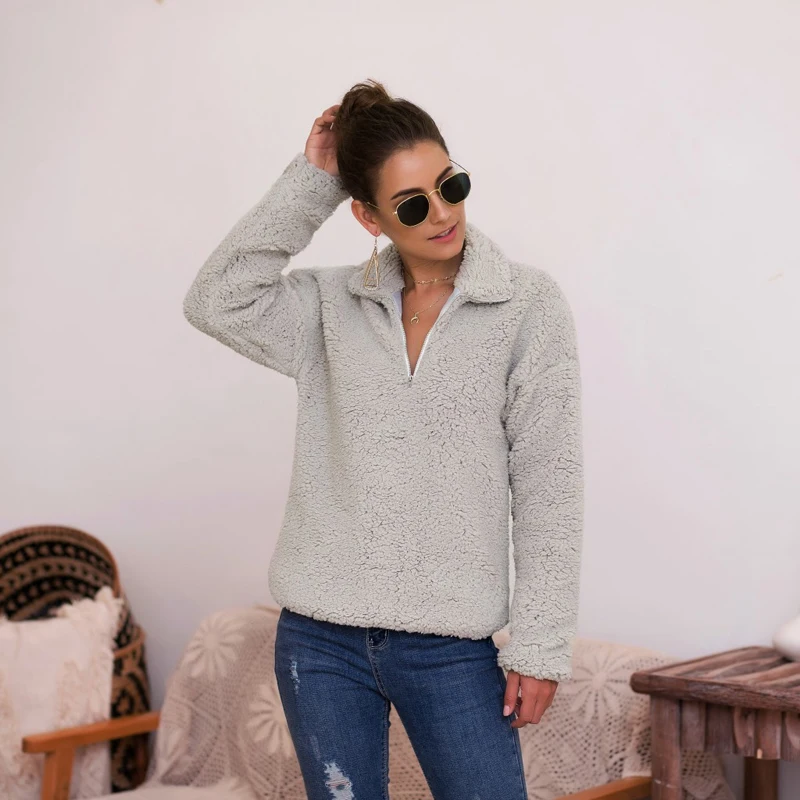 Женские теплые однотонные топы с длинными рукавами на молнии флисовая толстовка