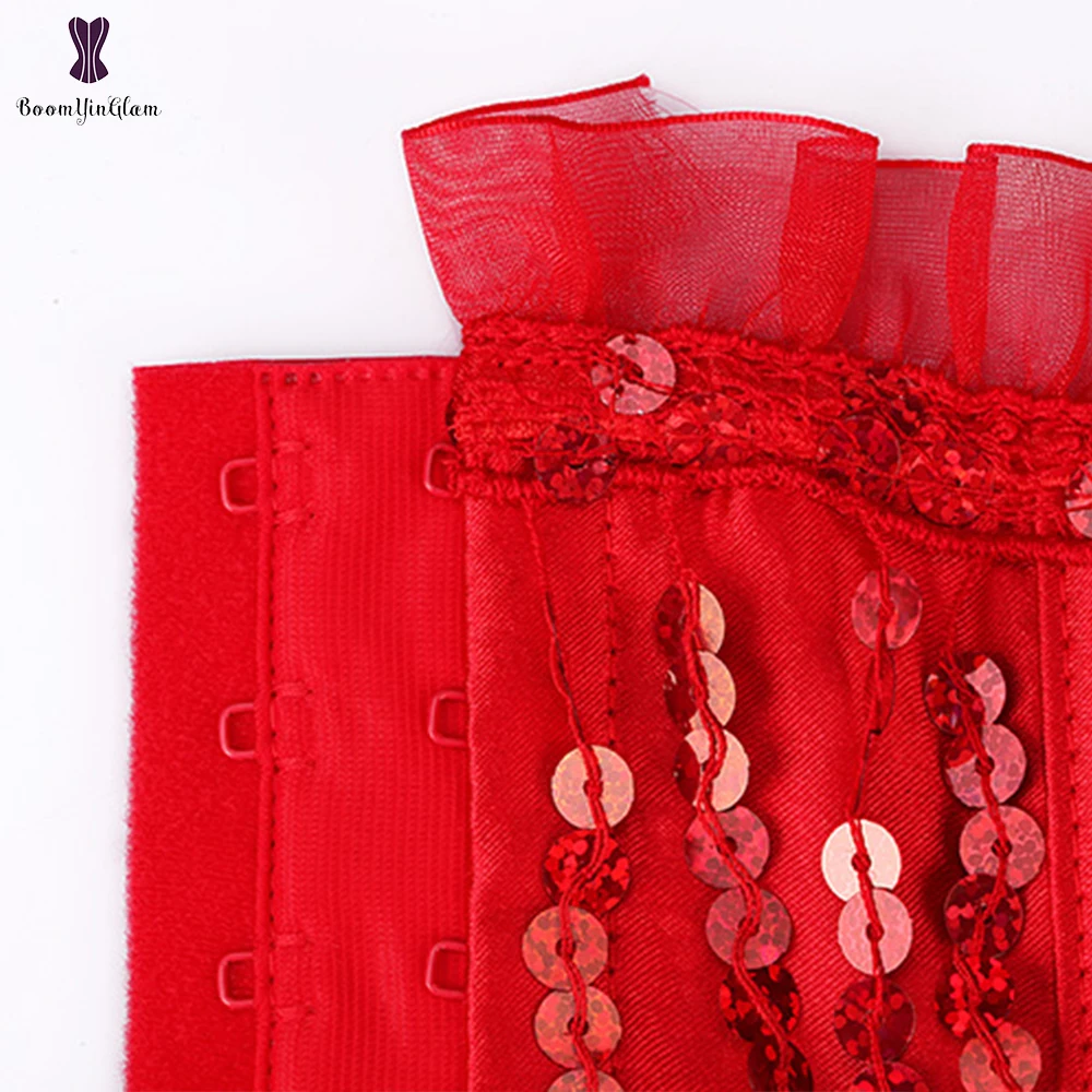 Красный женский винтажный корсет с кисточками без бретелек блестками со