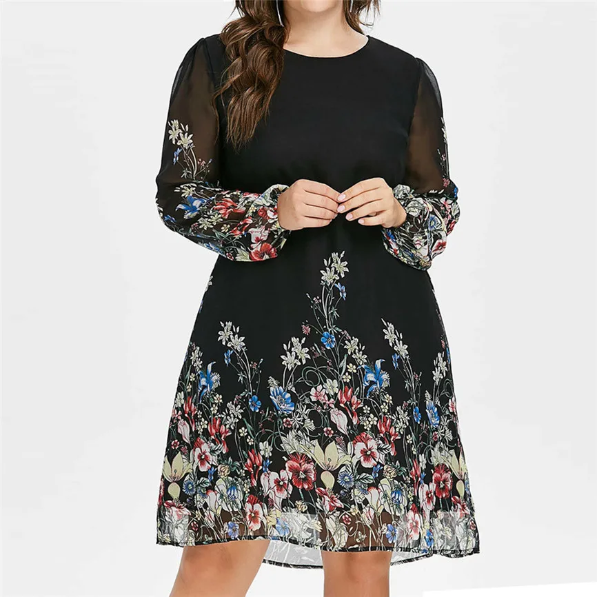 Женское платье большого размера модное женское шифоновое с круглым вырезом и