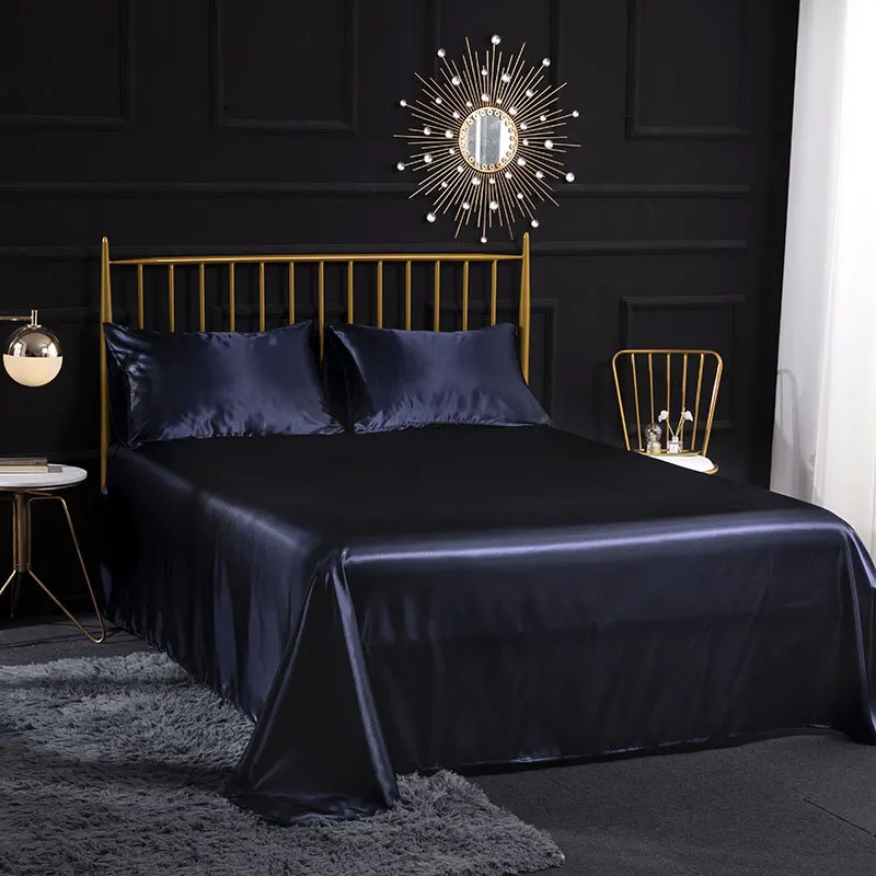 

Ice Silk Home Bedspread Bed Cover Luxury Solid Color Flat Sheet Fitted Sheets And Pillowcase Set Bedclothes No Duvet Cover