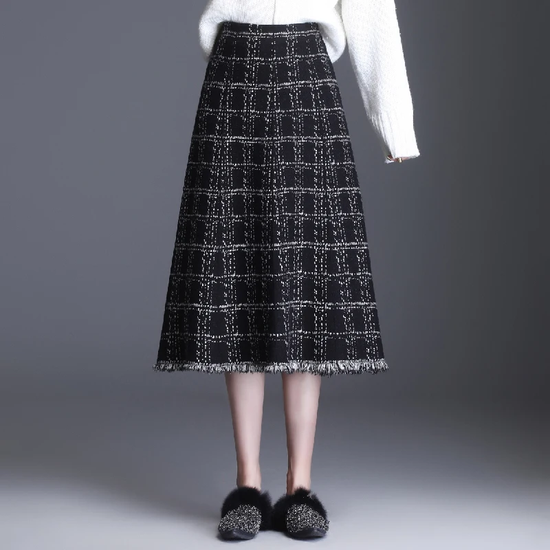 

2020 New Autumn Winter Women Knitted Skirt Fashion England Style Plaids High Waist Slim Midi Skirt Elegant Vintage Skirt