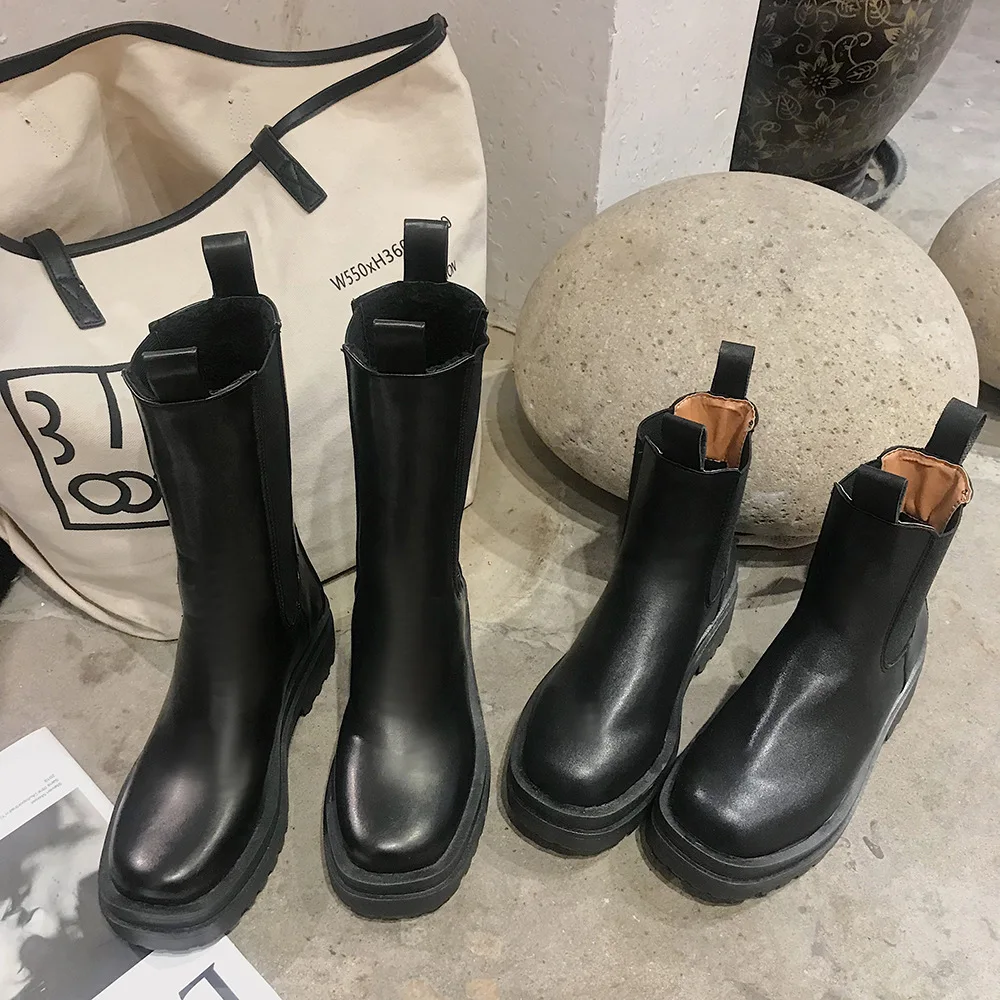 2020 Spring New Black Chelsea Boots Shoes Women Fashion Brand Ladies chunky Ankle Female botas mujer Mid Calf | Обувь