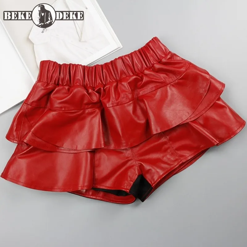 Design Sweet Ruffle Genuine Leather Shorts Skirt Women Elastic Waist Red Black Green Gray Sheepskin Shorts Female Mini Trousers