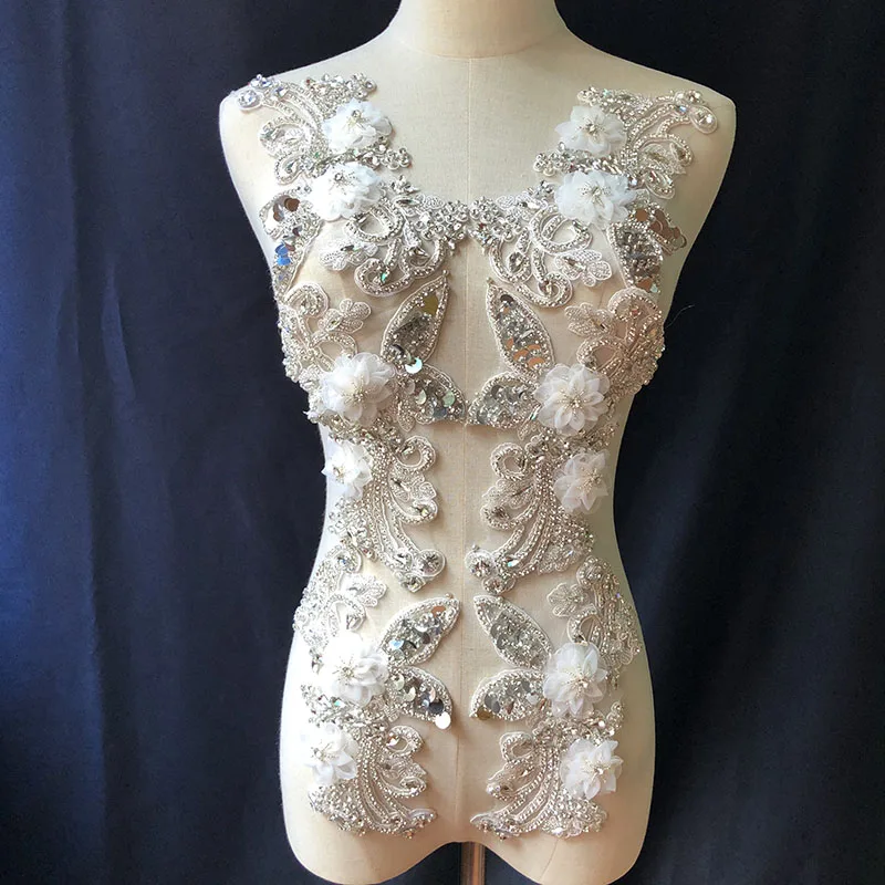 

1 pair Crystal Applique Rhinestone Applique With 3D Artificial Flowers For Haute Couture