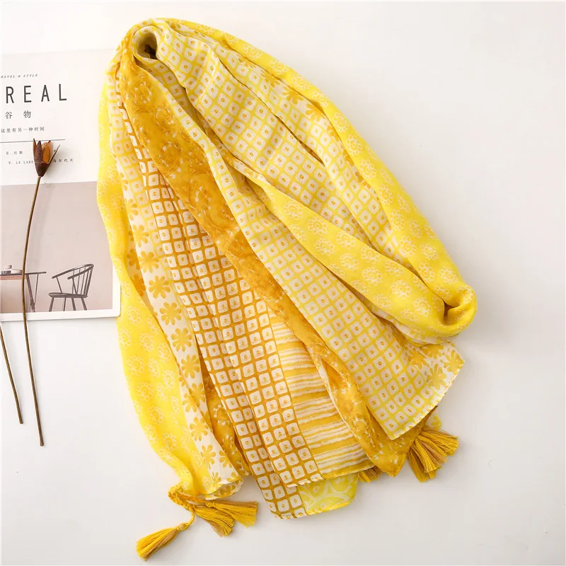 2020 Женский Осенний желтый шарф из вискозы в горошек с цветочной кисточкой