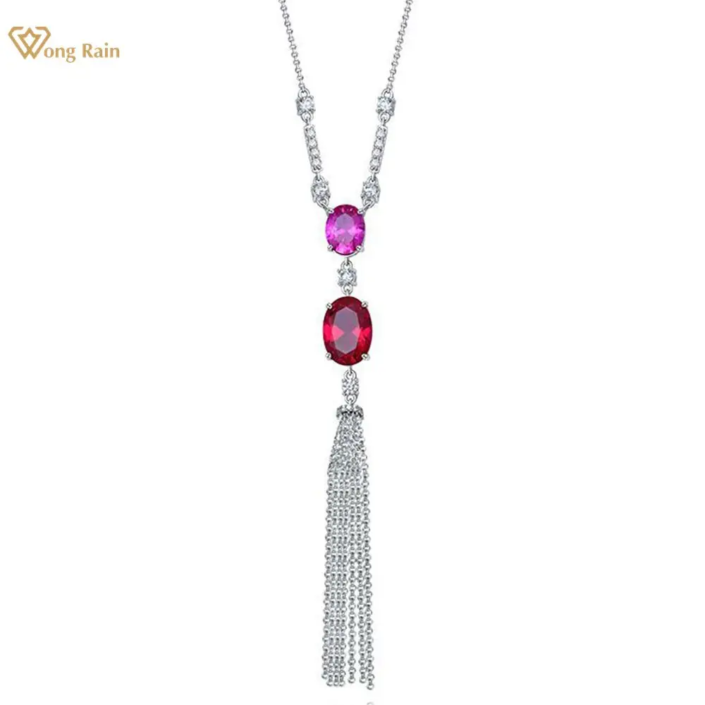 

Wong Rain Elegant 925 Sterling Silver 10*14 MM Oval Ruby Created Moissanite Gemstone Party Tassel Pendant Necklace Fine Jewelry