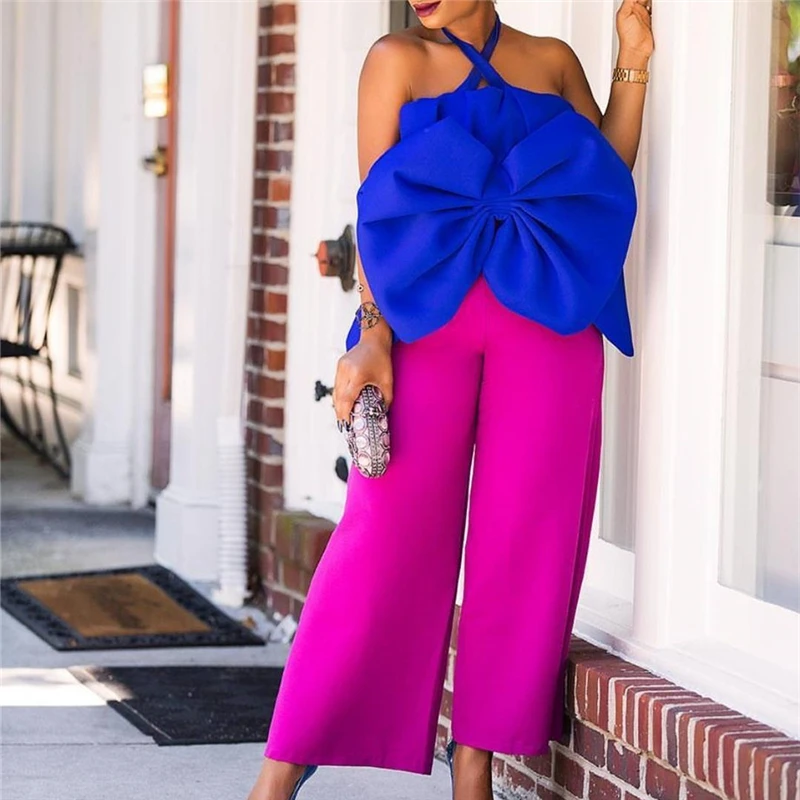 Комплекты из 2 предметов синие топы Холтер широкие штанины розовые красные штаны