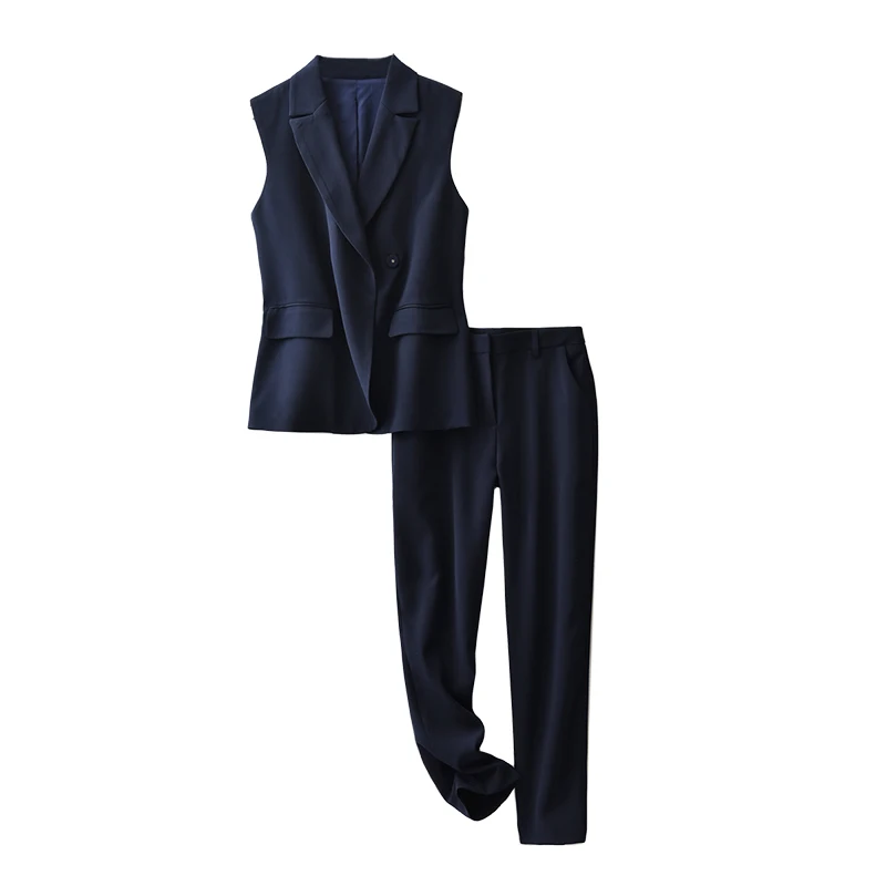 

Shuchan 2 Piece Set Office Lady Single Breasted Sleeveless Vest+pencil Pants Turn-down Collar Zipper Fly Navy Blue Suit