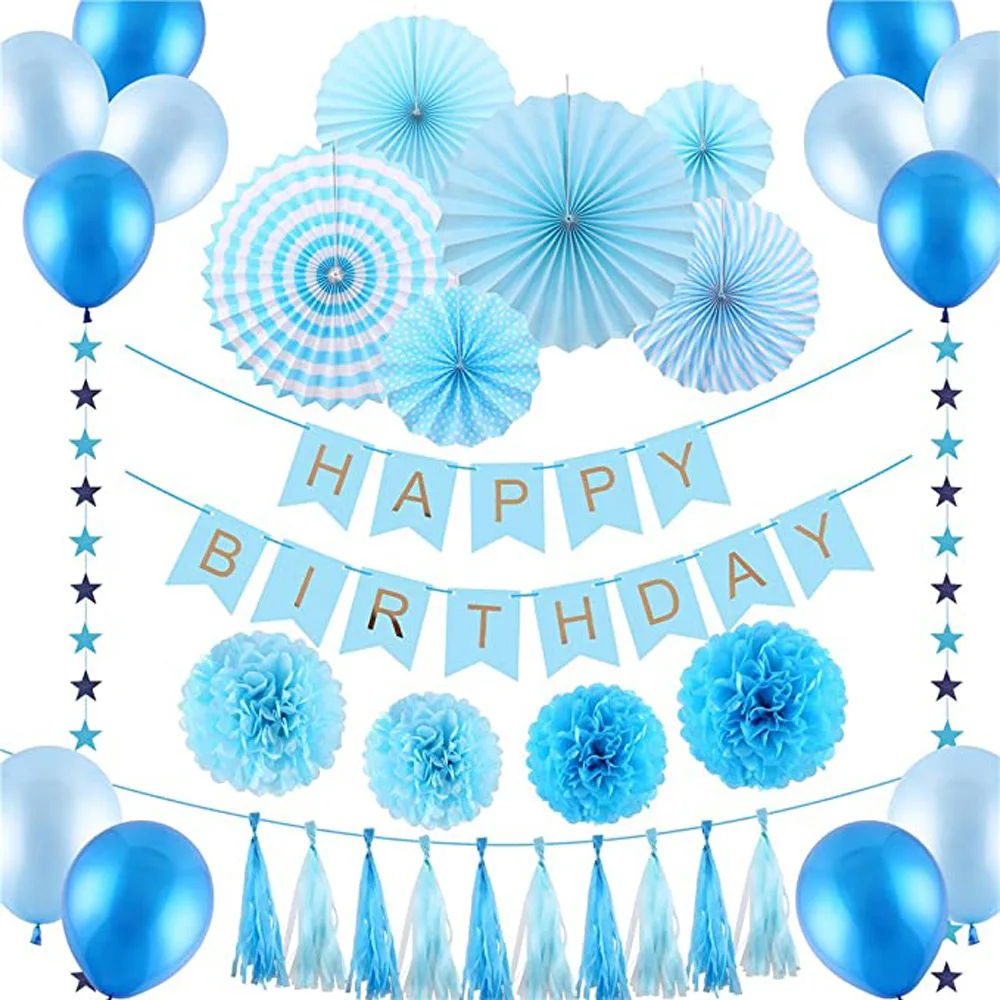 

Sky Blue Latex Balloons Birthday Party Wedding Decorations Golden Tassel Fishtail Flag Set Paper Flower Ball Decors Supplies