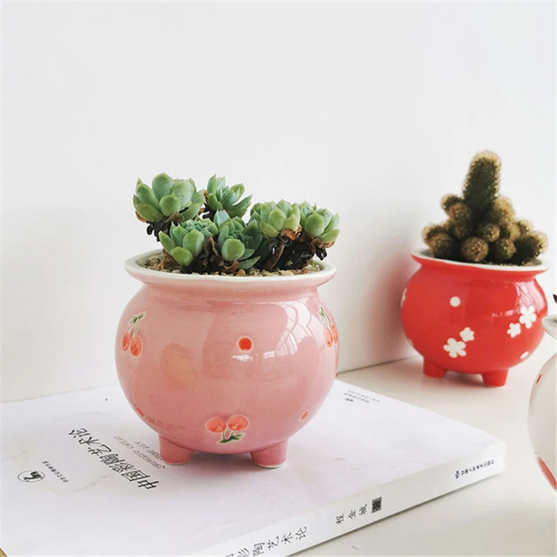 Hand Painted Flowerpot Desktop Bonsai Ceramic Succulent Plant Pot With Hole Cute Art Vase Home Office Decor Garden Supplies