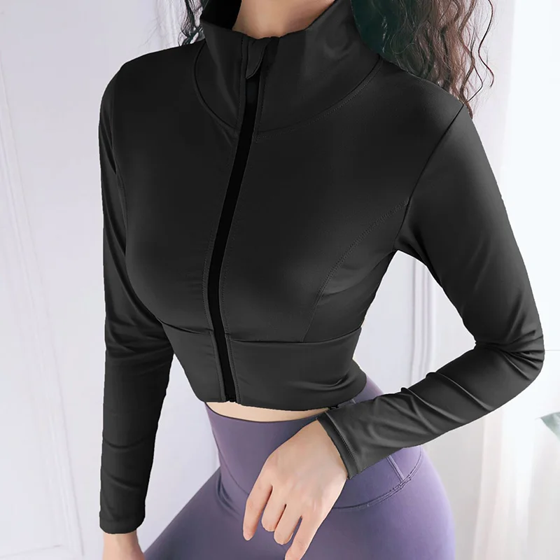 Женские топы для фитнеса однотонный Тонкий Топ на молнии с длинными рукавами