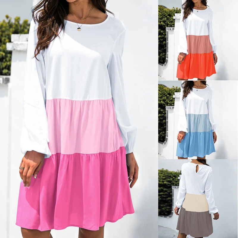 

Elegant Chic Casual Women Dress Autumn Stitching Contrast Long Sleeve O Neck Midi Dresses
