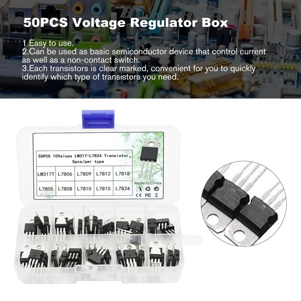 50PCS Voltage Regulator Box Transistor Assortment Kit 10 Value LM317T L7805 L7806 L7808 L7809 L7810 L7812 L7815 L7818 L7824 |