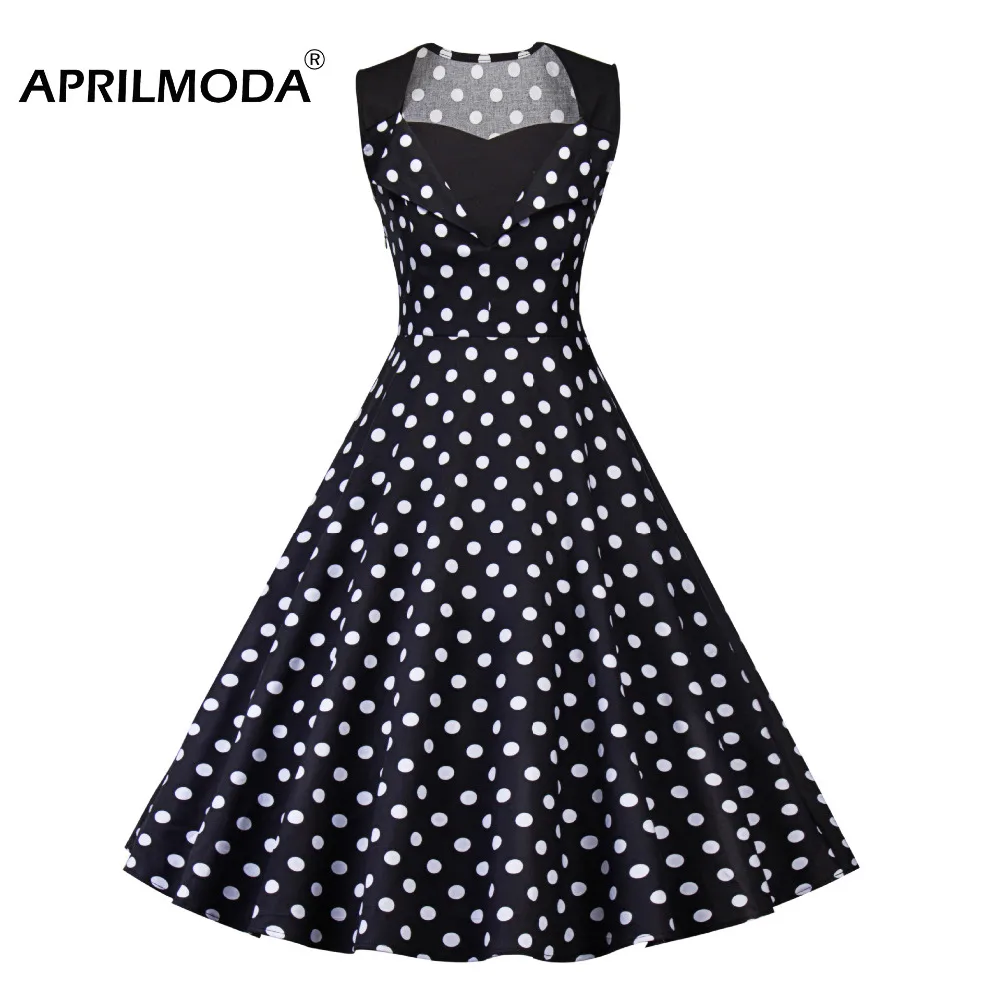 Женское винтажное платье в горошек черное повседневное плиссированное большого
