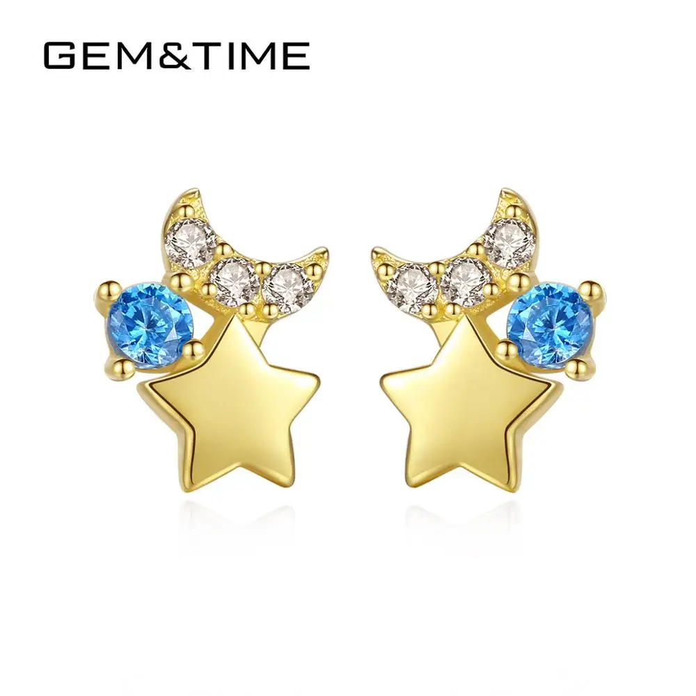 Gem& Time, аквамарин, Луна и звезда, серьги-гвоздики для женщин, чистое 14 к желтое золото, ювелирное изделие, Букле д 'Орель, бижутерия En Or Pur E14096