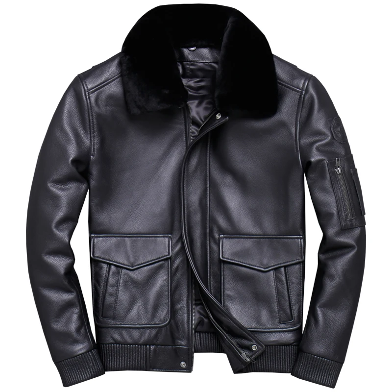 

Nature Fur Collars winter cow leather jacket cotton coat pilot turn lead layer cowhide leather warm jacket man cycling clothes