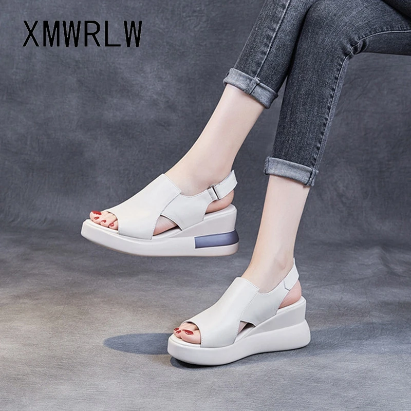 

XMWRLW Women Sandals 2021 Summer Genuine Leather Women Wedges Shoes Hook Loop High Heels Woman Summer Sandal Ladies Retro Shoes