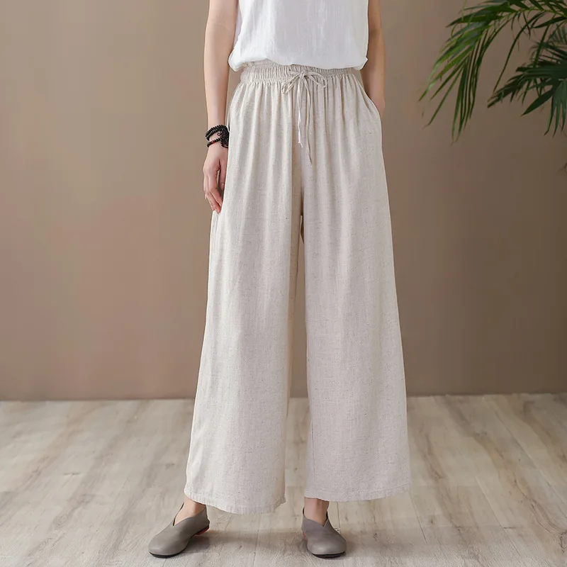 

Shanghai Story Women's Linen Crop Pants Elastic Waist Drawstring Loose Wide Leg High Waist Trouser