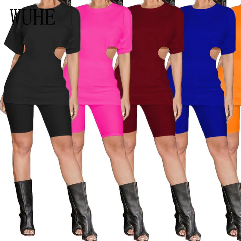 

Уличный спортивный костюм WUHE, 2 комплекта, пикантный топ с коротким рукавом и круглым вырезом, на молнии, с вырезами, облегающие брюки, Спорти...