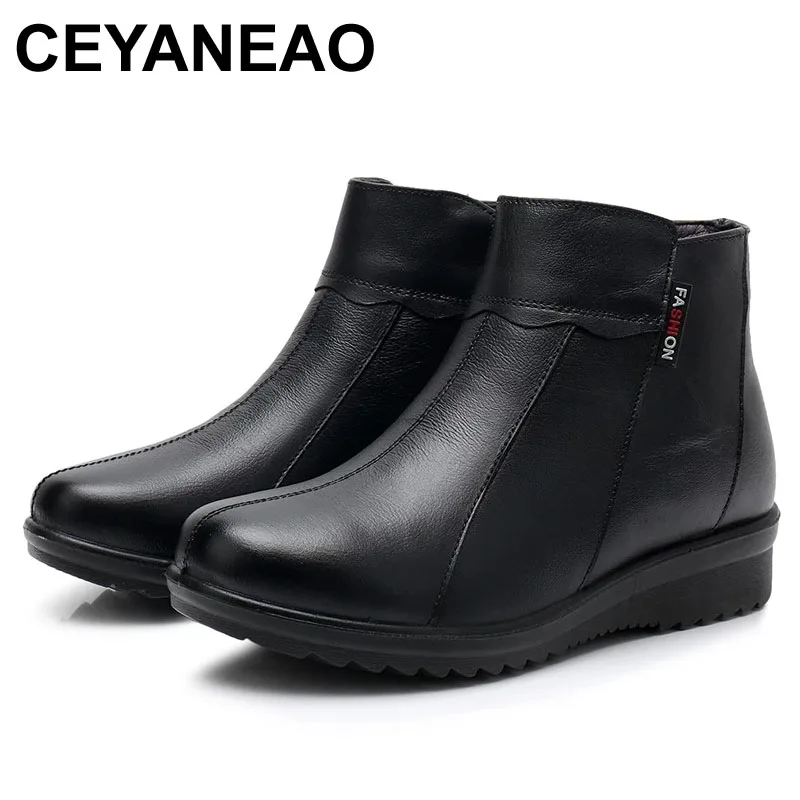 

Женские ботинки из натуральной кожи CEYANEAOHot, черные удобные теплые ботинки с круглым носком и мягкой нескользящей подошвой