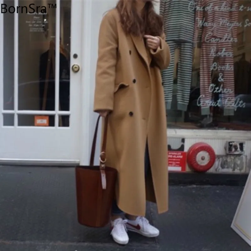 

Bornsra Korea Women Autumn Winter Double Breasted Long Wool Coat Ladies Long Sleeve Notched Collar Overcoat Parka Jacket Vintage