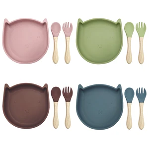 Оптовая продажа, безопасная детская посуда, новая индивидуальная силиконовая миска в форме животного для младенцев, 100% пищевой силикон, ложка, вилка