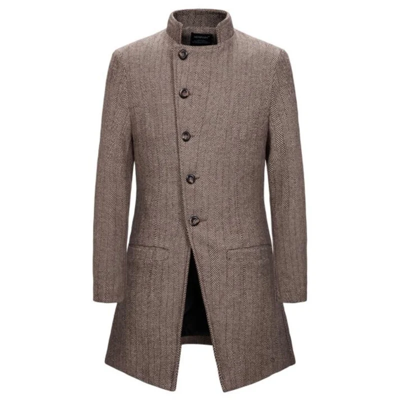 England woolen coat men's personalized oblique button slim mid-length stand collar jacket winter autumn casaco masculino grey
