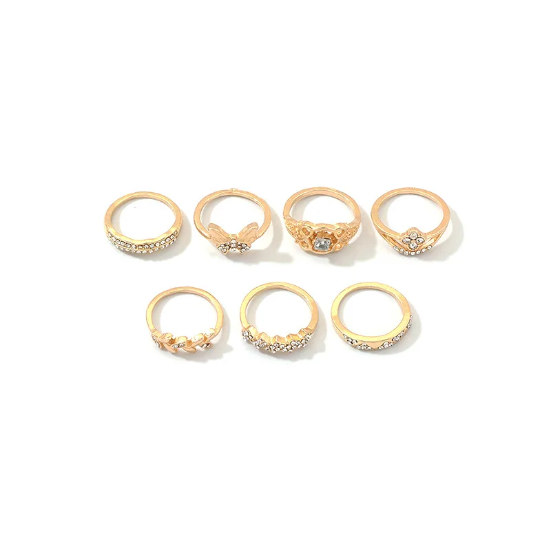

VILAGE 7Pcs/1Set Vintage Style Gold Lotus Flowers Heart Rings Sets for Women Leaf Geoemtric Butterfly Anillo Wedding Ring
