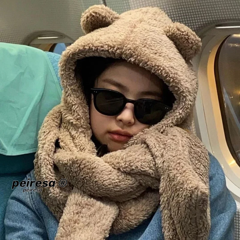 

Peiresa-hat Female Winter Solid Color Warm Winter Hat Wool Lamb Hat Snowboard Hat Bear Ear Scarf Hat Sweet and Cute All-matchhat
