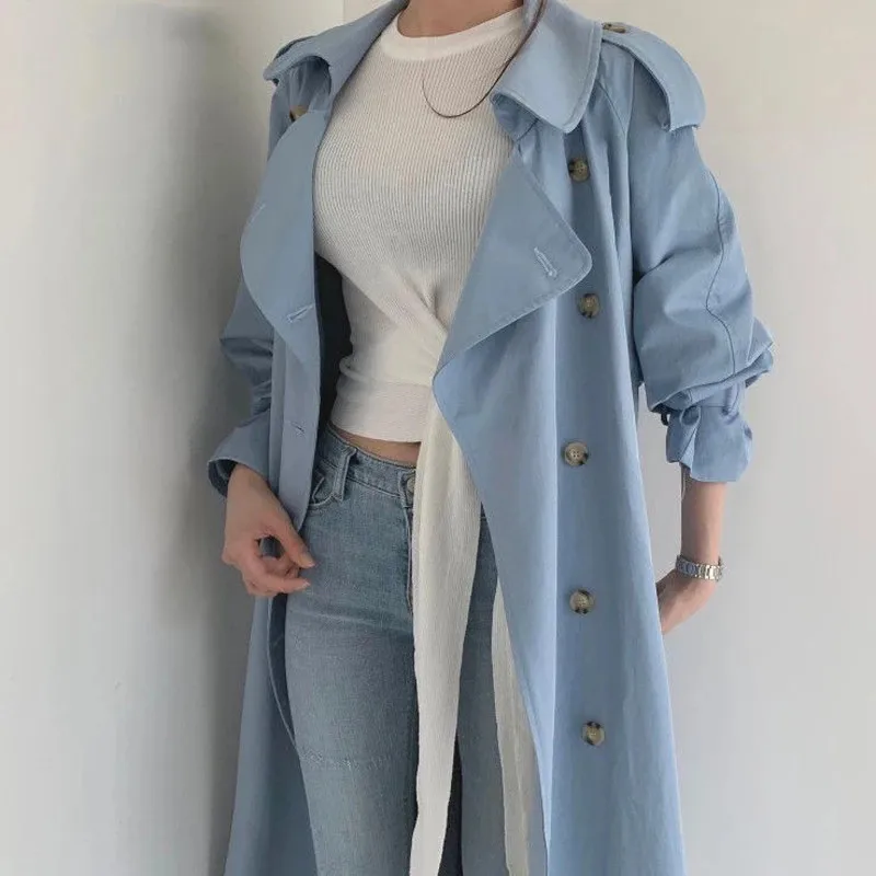 

Женский двубортный тренчкот, элегантный длинный свободный синий тренчкот с длинным рукавом и поясом, с разрезом, Осень-зима