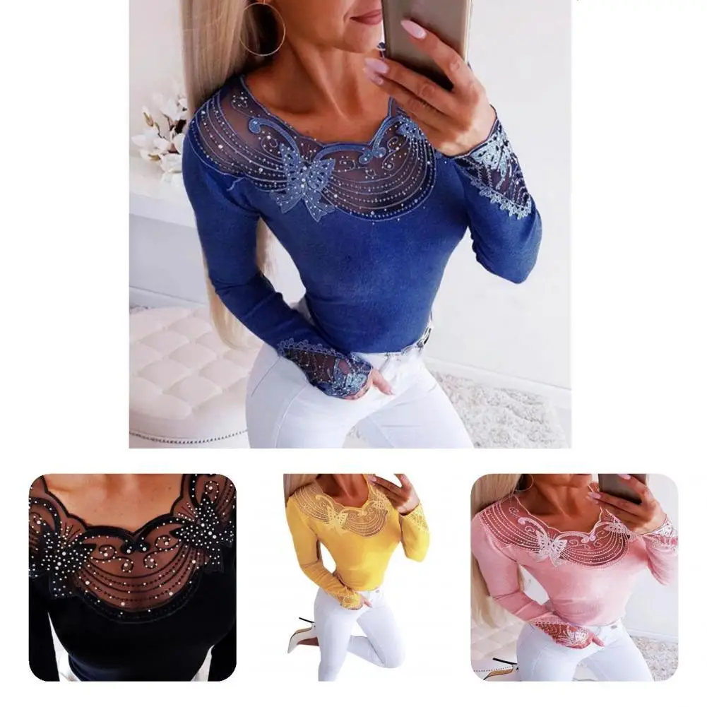 

Чудесная кружевная женская блузка с круглым вырезом, привлекательная Весенняя блузка, прозрачная для повседневной носки