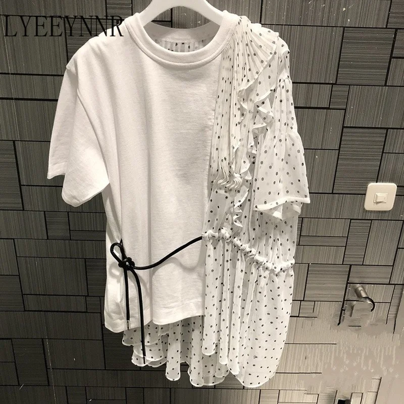 LYEEYNNR Лоскутная односторонняя футболка в горошек с завязкой на талии и короткими