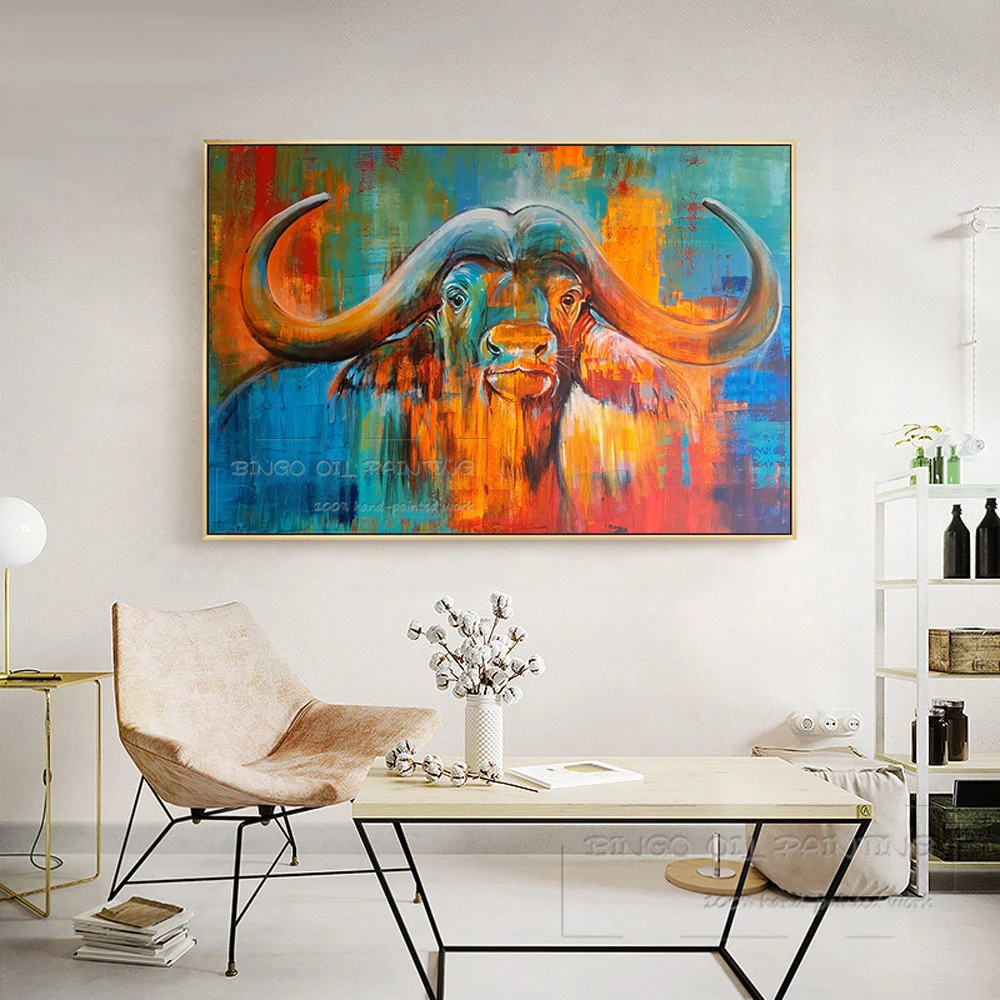 Модное настенное Искусство Ручная роспись животных буйвол масляная живопись на