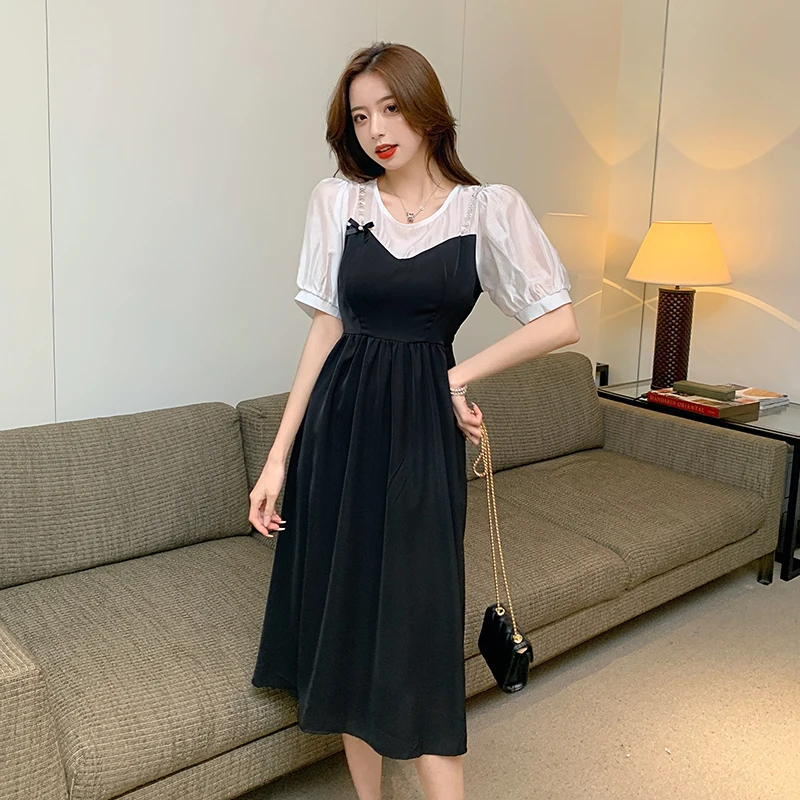 

Summer new fake two female design feeling small hubble-bubble sleeve skirt temperament of the collect waist show thin dress