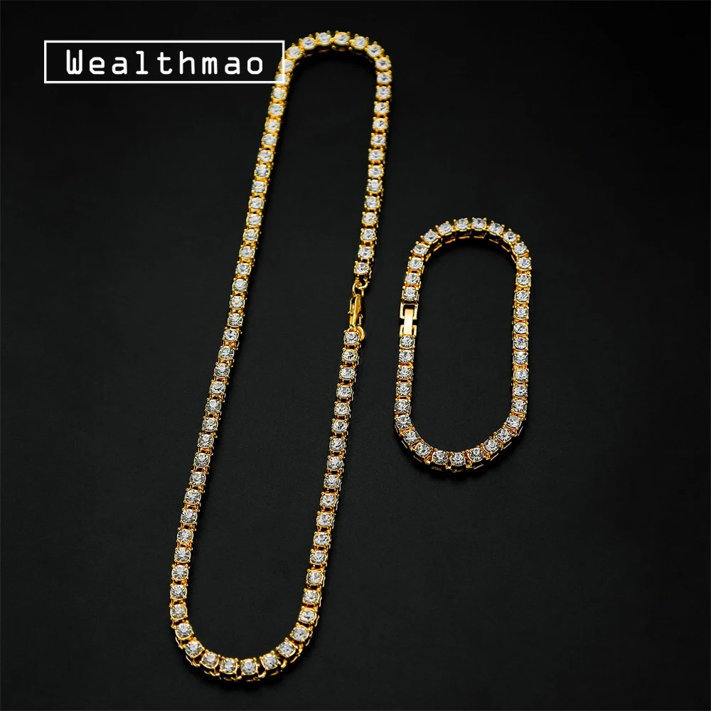 GoldNecklaceBracelet Хип-хоп ожерелье Bling Iced Out стразы цепь ожерелье для мужчин 5 мм Серебро Золото Цвет 1 ряд теннисные цепи ожерелье s браслет набор - Окраска металла: GoldNecklaceBracelet
