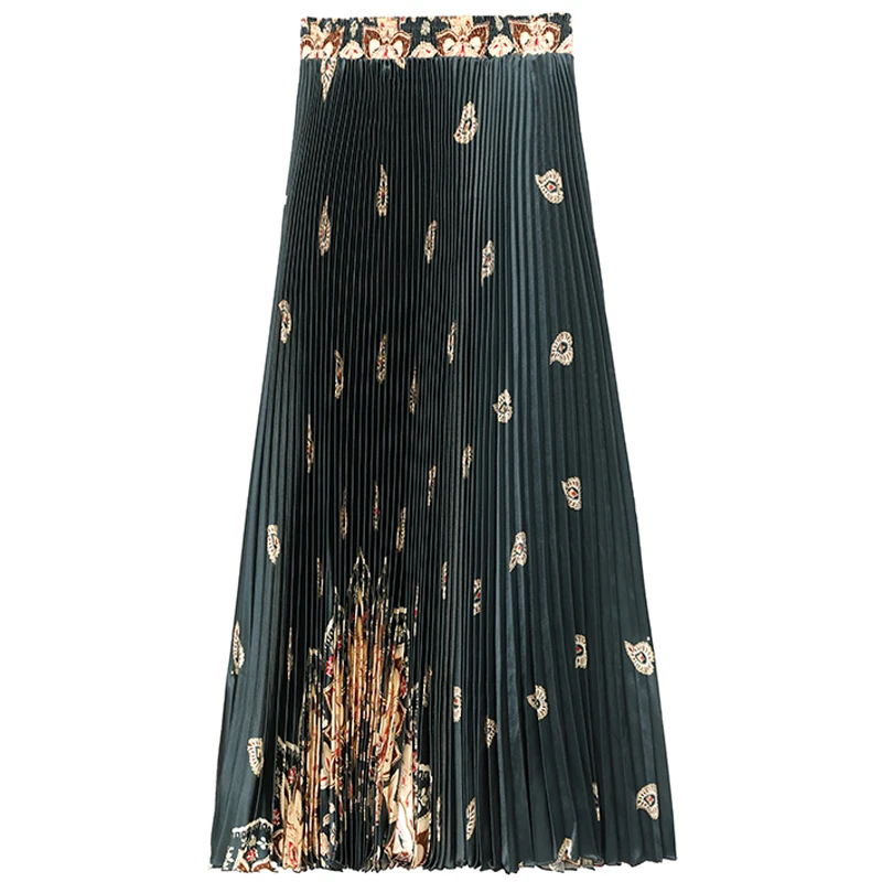 

2020 Pleated Summer Waist Loose Vintage Print Long Skirts Casual High Quality Ankle-Length Women Skirt
