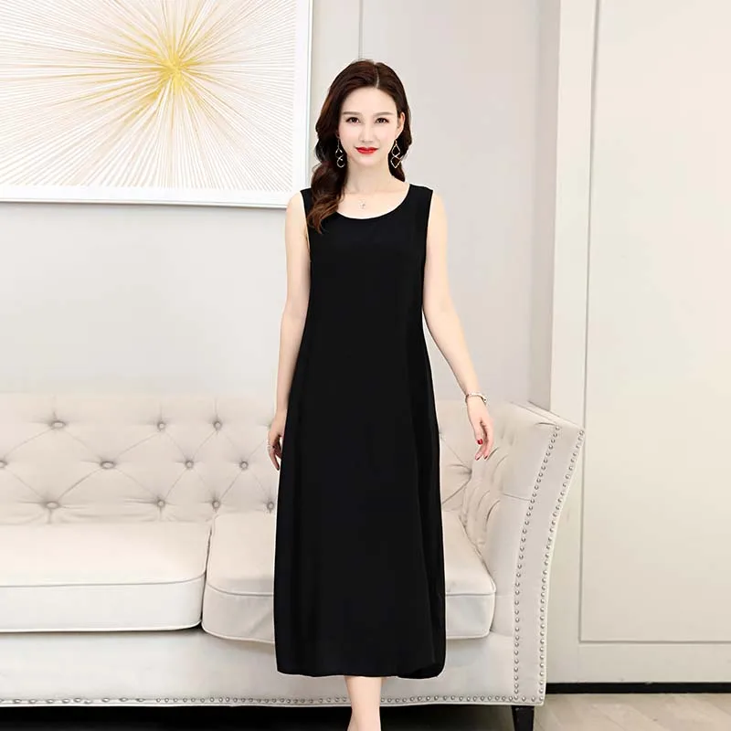 

Dress middle-aged women's sleeveless summer dress loose mid-length beach casual Dress solid color vest black dress female