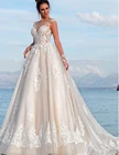 2021, свадебные платья цвета шампанского с иллюзией, Белое Бальное платье из тюля с аппликацией и низкой спиной, свадебные платья